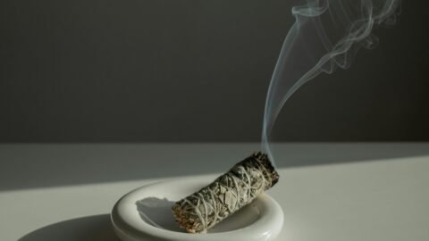 This image features a smoldering bundle of sage resting in a round, white ceramic dish. The sage bundle is tightly wrapped with twine and emits delicate, swirling trails of smoke that drift upward, creating a soft, calming atmosphere. The background is a muted, dark gray, and natural light casts soft shadows across the white surface, emphasizing the minimalistic and serene aesthetic of the scene.